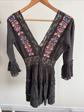 Free People Dark Green Embroidered V-Neck Women's Dress